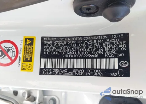 2016 Lexus Es 350 из США, поврежденный, VIN JTHBK1GG8G2236646